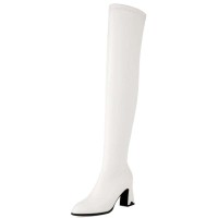 Pointed Toe Chunky Heels Zipper Over The Knee Thigh High Boots - White Faux Leather