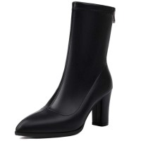 Pointed Toe Chunky Heels Back Zipper Ankle Highs Boots - Black Faux Leather