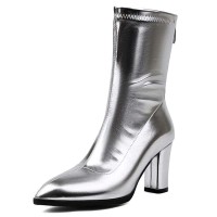 Pointed Toe Chunky Heels Back Zipper Ankle Highs Boots - Silver Faux Leather