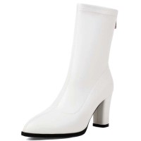 Pointed Toe Chunky Heels Back Zipper Ankle Highs Boots - White Faux Leather