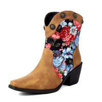 Pointed Toe Ankle Highs Flower Decorated Western Cowboy Style Chunky Heels Boots - Tan Flock
