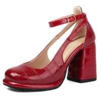 Round Toe Chunky Heels Crocodile Pattern Ankle Buckle Straps Pumps - Red Faux Leather
