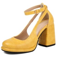 Round Toe Chunky Heels Crocodile Pattern Ankle Buckle Straps Pumps - Yellow Faux Leather