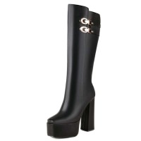 Square Toe Platforms Chunky Heels Knee Highs  Double Straps Boots - Black Faux Leather