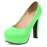 Round Toe Block Cuban Heels Low Platforms Pastel Pumps - Green Faux Leather
