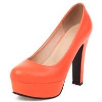 Round Toe Block Cuban Heels Low Platforms Pastel Pumps - Orange Faux Leather
