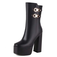 Square Toe Platforms Chunky Heels Ankle Highs  Double Straps Boots - Black Faux Leather