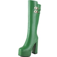 Square Toe Platforms Chunky Heels Knee Highs Crocodile Prints Double Straps Boots - Green Faux Leather