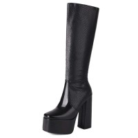 Square Toe Platforms Chunky Heels Knee Highs Snake Prints Boots - Black Faux Leather