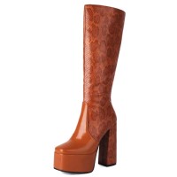 Square Toe Platforms Chunky Heels Knee Highs Snake Prints Boots - Brown Faux Leather