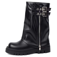 Round Toe Turned Over Side Zipper Buckle Straps Punk Boots - Black Faux Leather