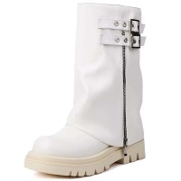 Round Toe Turned Over Side Zipper Buckle Straps Punk Boots - White Faux Leather