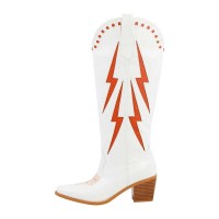 Pointed Toe Knee Highs Chunky Heels Orange Thunder Pull On Cowboy Boots - White Faux Leather