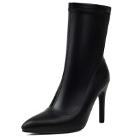 Pointed Toe Stiletto Heels Pull On Ankle Highs Boots - Black Faux Leather