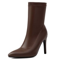 Pointed Toe Stiletto Heels Pull On Ankle Highs Boots - Brown Faux Leather