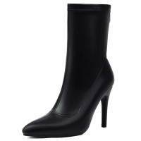 Pointed Toe Stiletto Heels Back Zipper Ankle Highs Boots - Black Faux Leather
