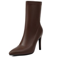 Pointed Toe Stiletto Heels Back Zipper Ankle Highs Boots - Brown Faux Leather