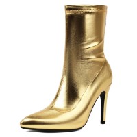 Pointed Toe Stiletto Heels Back Zipper Ankle Highs Boots - Gold Faux Leather