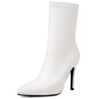Pointed Toe Stiletto Heels Back Zipper Ankle Highs Boots - White Faux Leather