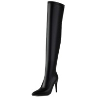 Pointed Toe Stiletto Heels Zipper Over The Knee Thigh High Boots - Black Faux Leather