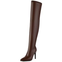 Pointed Toe Stiletto Heels Zipper Over The Knee Thigh High Boots - Brown Faux Leather