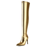 Pointed Toe Stiletto Heels Zipper Over The Knee Thigh High Boots - Gold Faux Leather