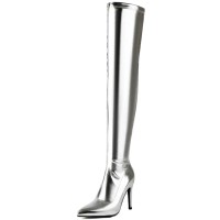 Pointed Toe Stiletto Heels Zipper Over The Knee Thigh High Boots - Silver Faux Leather