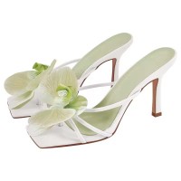 Square Open Toe Dot Heels Toe Flower Summer Sandals  - Light Green Faux Leather