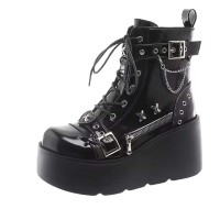 Round Toe Buckle Straps Lace Up Platforms Punk Goth Zip Wedges Ankle Highs Boots - Black Patent
