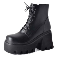 Square Toe Lace Up Platforms Side Zipper Chunky Heels Ankle Highs Boots - Black Faux Leather
