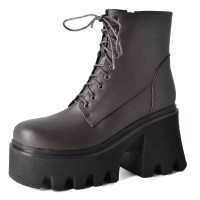 Square Toe Lace Up Platforms Side Zipper Chunky Heels Ankle Highs Boots - Brown Faux Leather