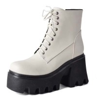 Square Toe Lace Up Platforms Side Zipper Chunky Heels Ankle Highs Boots - White Faux Leather