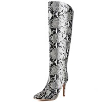 Pointed Toe Stiletto Heels Knee High Snake Print Boots - Black Faux Leather