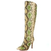 Pointed Toe Stiletto Heels Knee High Snake Print Boots - Green Faux Leather