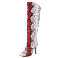 Pointed Toe Stiletto Heels Knee High Snake Print Boots - Red Faux Leather