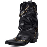 Pointed Toe Chunky Heels Knee Highs Short Riding Rivet Decorated Boots - Black Faux Leather