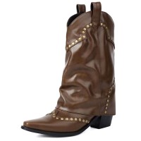 Pointed Toe Chunky Heels Knee Highs Short Riding Rivet Decorated Boots - Dark Brown Faux Leather