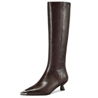 Pointed Toe Kitten Heels Rustic Style Side Zipper Chelsea Boots - Brown Leather