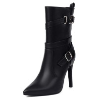 Pointed Toe Stiletto Heels Side Zipper Ankle Highs Buckle Straps Boots - Black Faux Leather