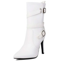 Pointed Toe Stiletto Heels Side Zipper Ankle Highs Buckle Straps Boots - White Faux Leather