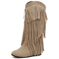 Round Toe Fringes Decorated Knee Highs Wedges Boots - Beige Flock