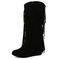 Round Toe Fringes Decorated Knee Highs Wedges Boots - Black Flock
