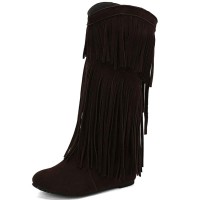 Round Toe Fringes Decorated Knee Highs Wedges Boots - Brown Flock