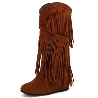 Round Toe Fringes Decorated Knee Highs Wedges Boots - Orange Flock