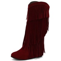 Round Toe Fringes Decorated Knee Highs Wedges Boots - Red Flock