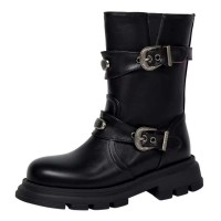 Round Toe Decorated Buckle Straps Low Heels Motorcycle Riding Boot - Black Faux Leather
