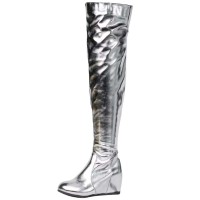 Round Toe Ovet The Knees Thigh High Metallic Wedges Boots - Silver Faux Leather