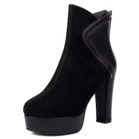 Round Toe Ankle Highs Cuban Heels Back Zipper Winter Platforms Boots - Black Flock
