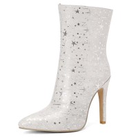 Pointed Toe Stiletto Heels Ankle Highs Zipper Stars Printed Booties - White Faux Leather