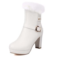 Round Toe Fluffy Fur Winter Ankle Highs Platforms Chunky Heels Boots - White Faux Leather